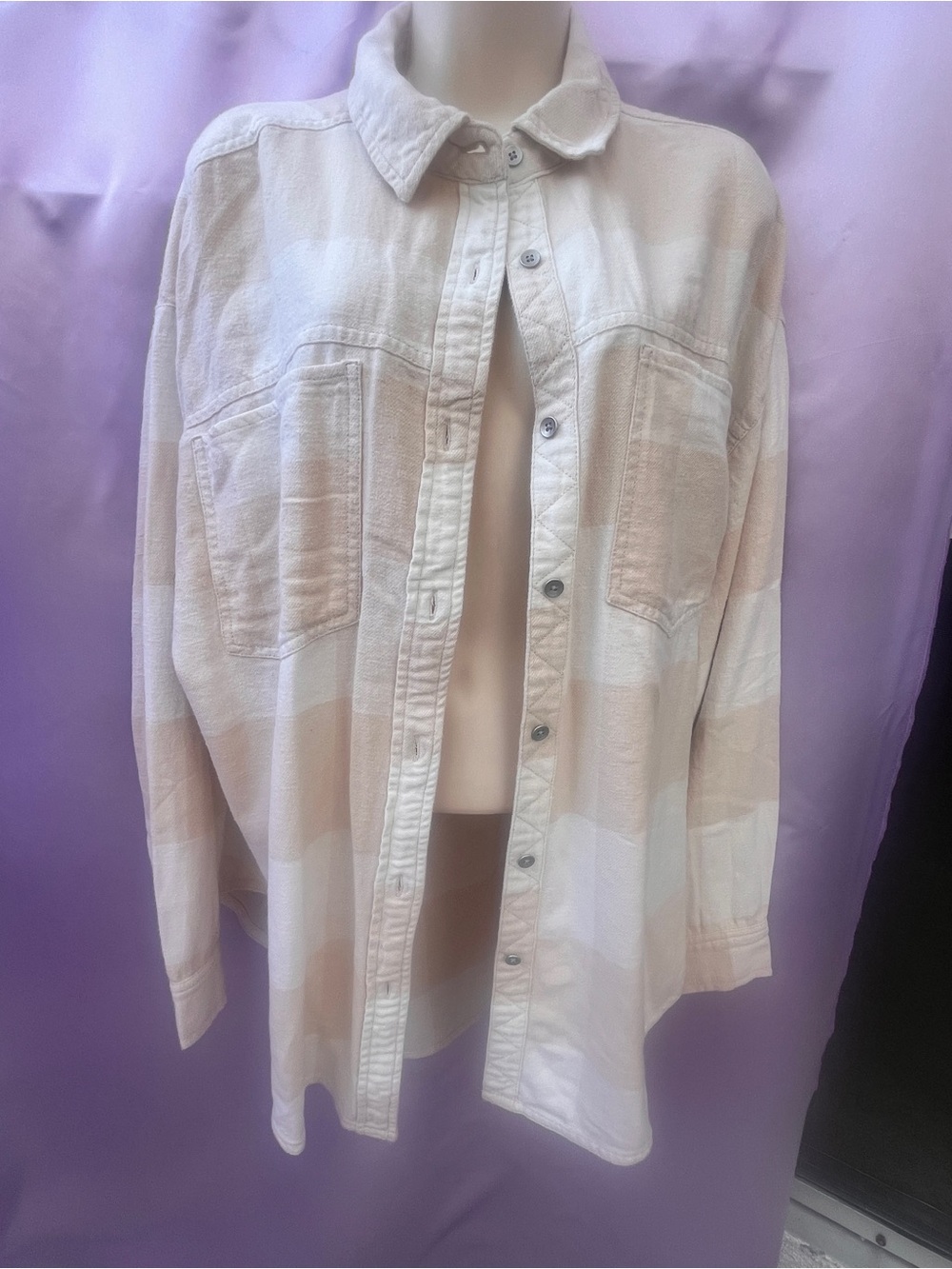 aerie Cream and Light Pink Plaid Flannel Button-Front Shirt